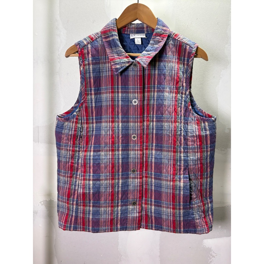 The Tog Shop Womens Large Quilted Plaid Vest Red Blue Cotton Button Front